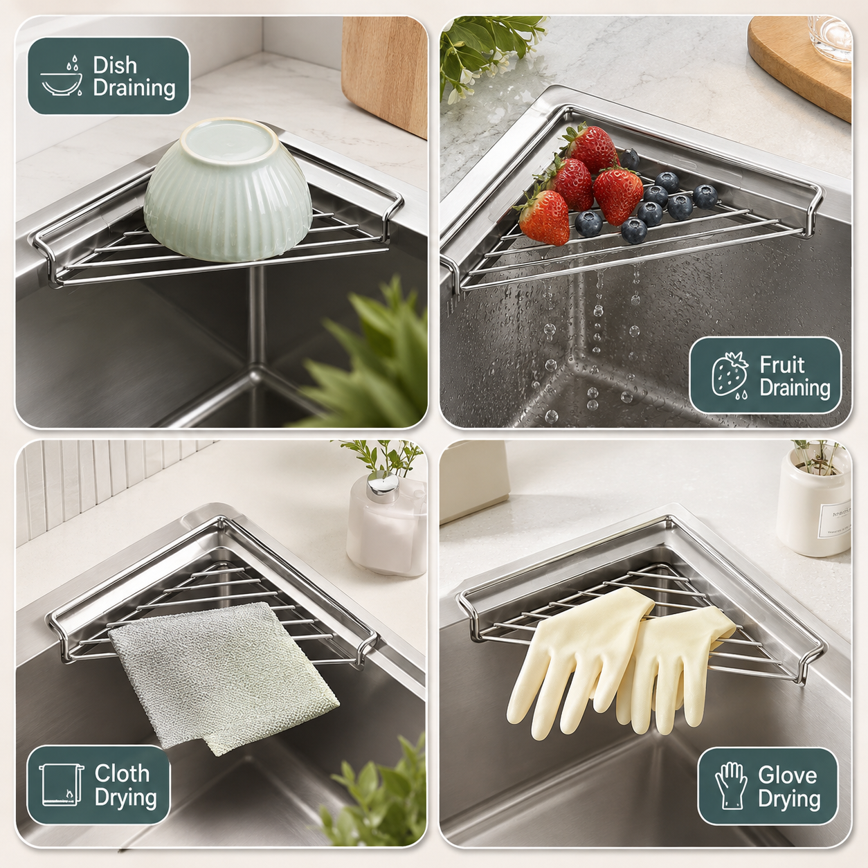 Stainless Steel Triangle Sink Drying Rack and Kitchen Organizer