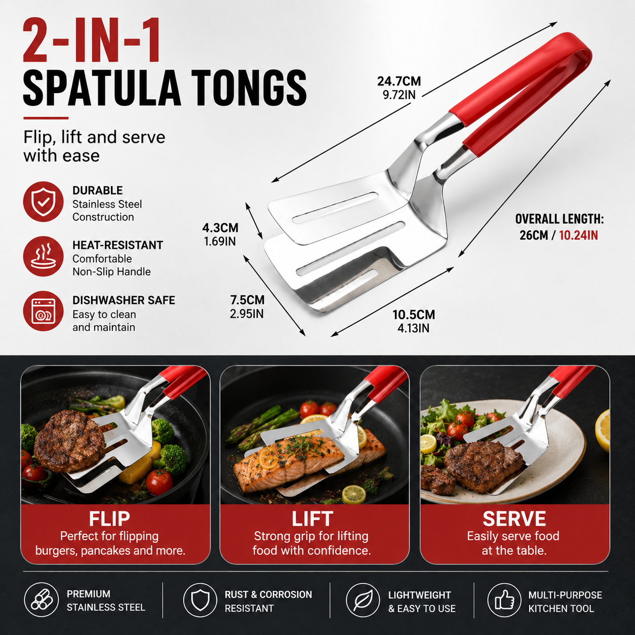 🍳 2-in-1 Stainless Steel Spatula Tongs – Grip, Flip & Serve