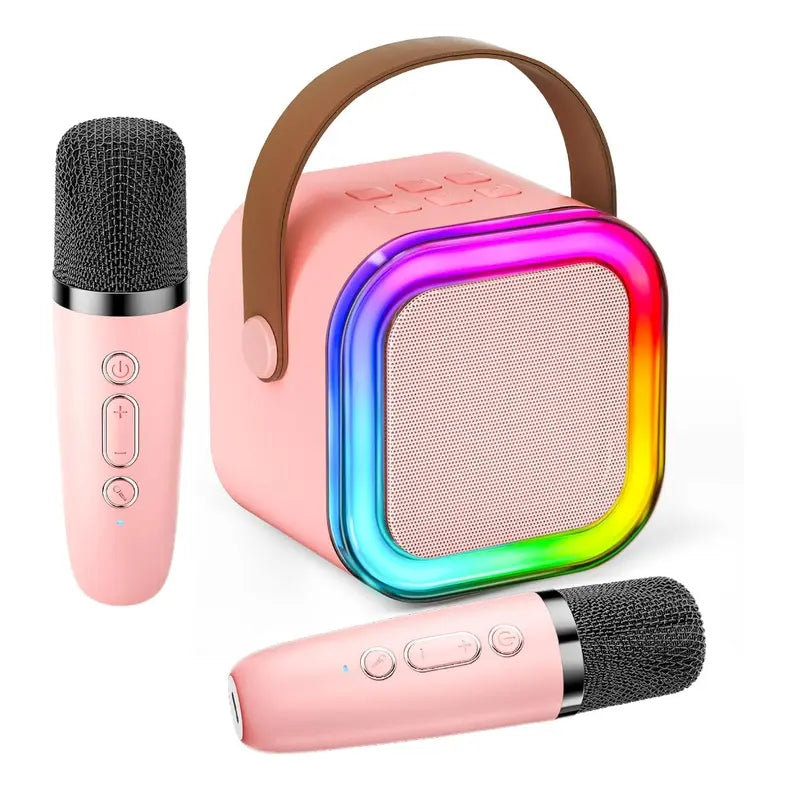 Portable Mini Karaoke Machine with 2 Wireless Microphones - Rechargeable USB Bluetooth Speaker, LED Lights, Suitable for Family Gatherings, Birthday Parties, Gifts for 3-14 Year-Old Children