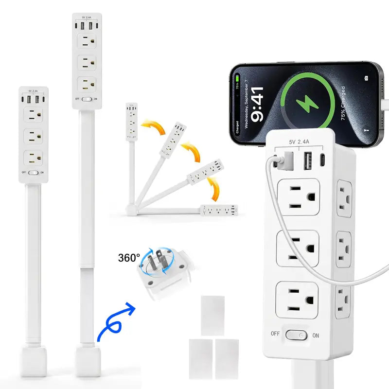 Rotating Wall Outlet Extender – 2 AC + USB-C/A Ports (34' Extension, Wall-Mountable & ETL Certified) | Space-Saving Power Solution for Home & Office,Portable ,easy to use
