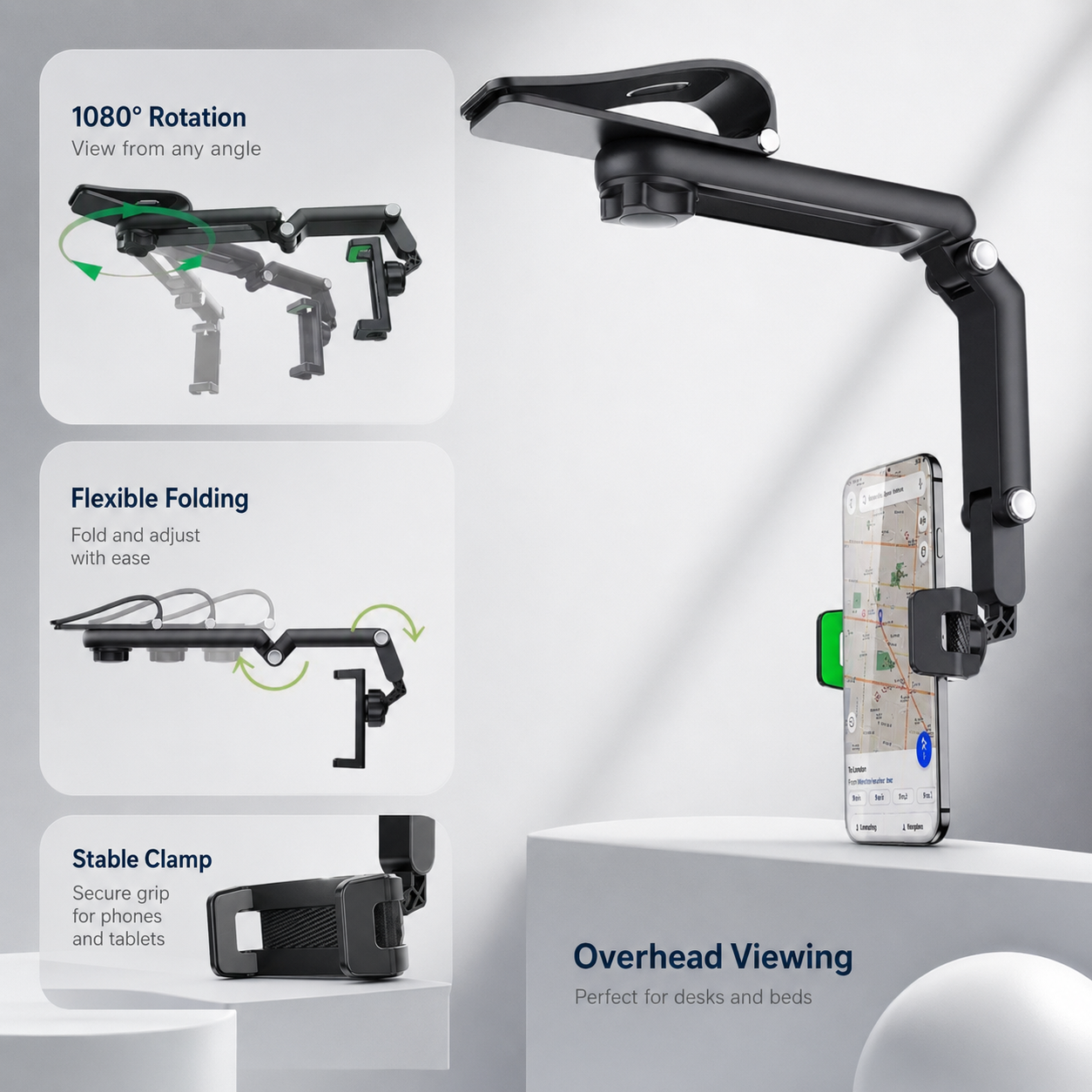 Long Arm 360 Rotating Car Phone Mount with Secure Clamp