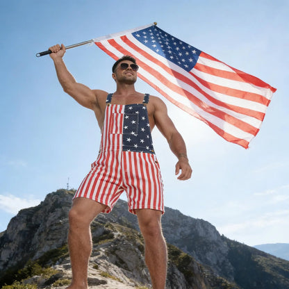Flag Denim Overalls 4th of July Patriotic Stretch Romper for Men and Women
