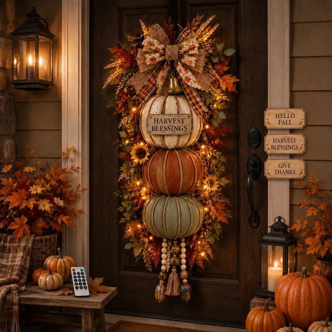 🏡🎃Lighted Stacked Pumpkin Fall Door Decor with 3 Seasonal Plaques