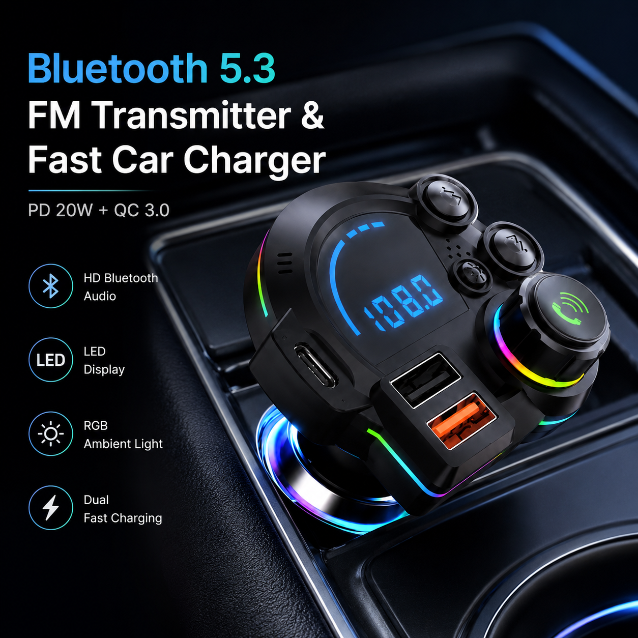 Bluetooth 5.3 Car FM Transmitter with Fast Charging & Hands-Free Calling