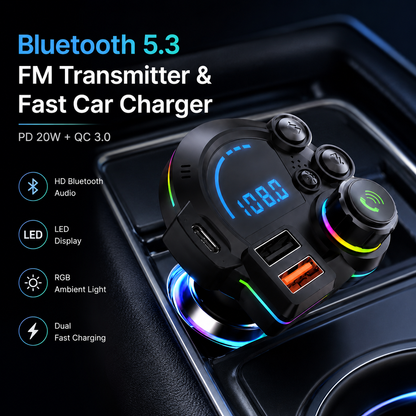 Bluetooth 5.3 Car FM Transmitter with Fast Charging & Hands-Free Calling