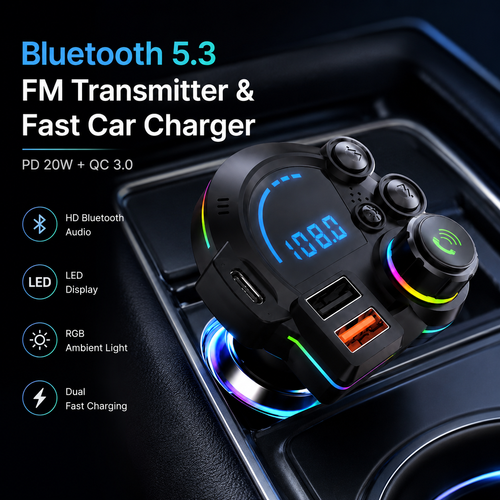 Bluetooth 5.3 Car FM Transmitter with Fast Charging & Hands-Free Calling