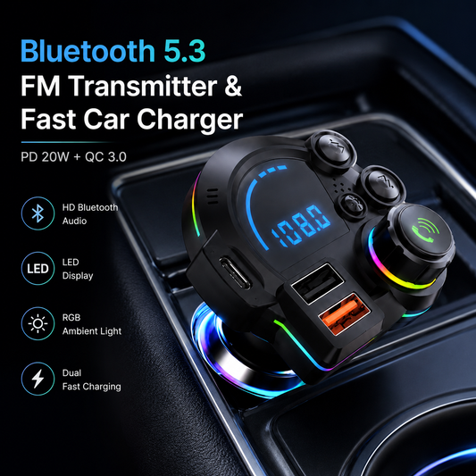 Bluetooth 5.3 Car FM Transmitter with Fast Charging & Hands-Free Calling