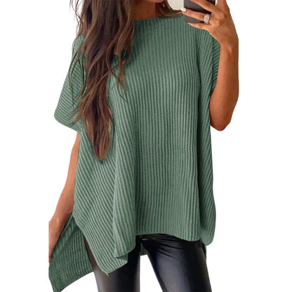 Shewin Women's Oversized Cotton Knit Sweater - Chic Soft New Year Knitwear, Casual Solid Pullover Top with Puff Short Sleeves, Round Neck, Side Slit for Work, Back-to-School,sohochic
