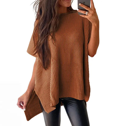 Shewin Women's Oversized Cotton Knit Sweater - Chic Soft New Year Knitwear, Casual Solid Pullover Top with Puff Short Sleeves, Round Neck, Side Slit for Work, Back-to-School,sohochic