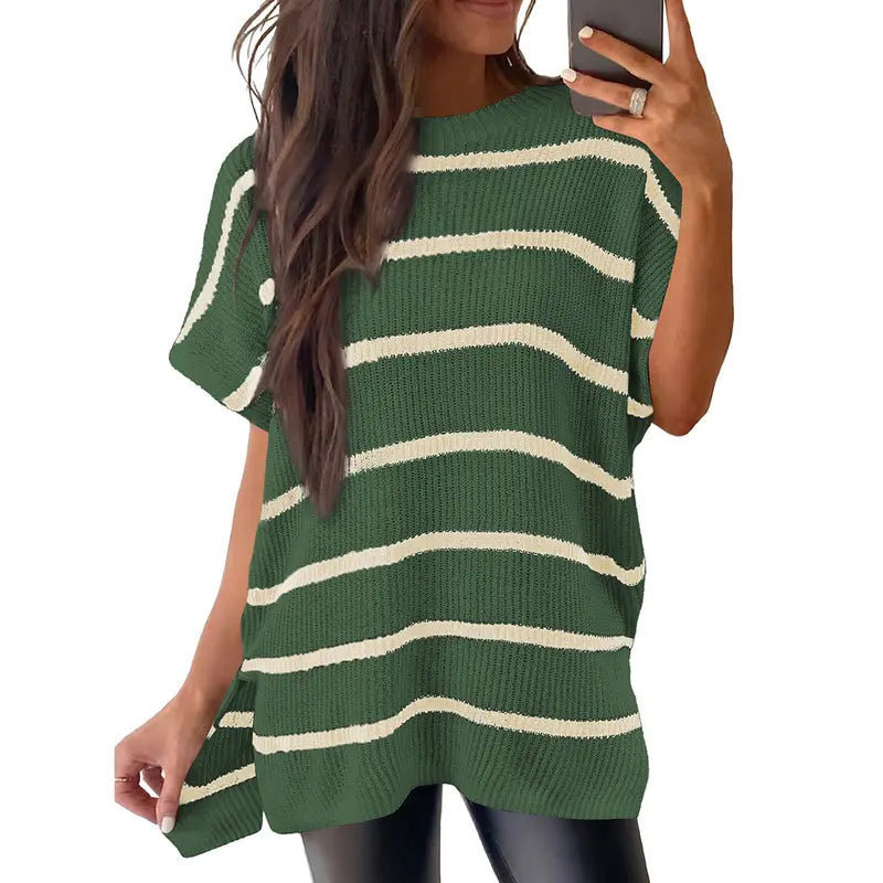 Shewin Women's Oversized Cotton Knit Sweater - Chic Soft New Year Knitwear, Casual Solid Pullover Top with Puff Short Sleeves, Round Neck, Side Slit for Work, Back-to-School,sohochic