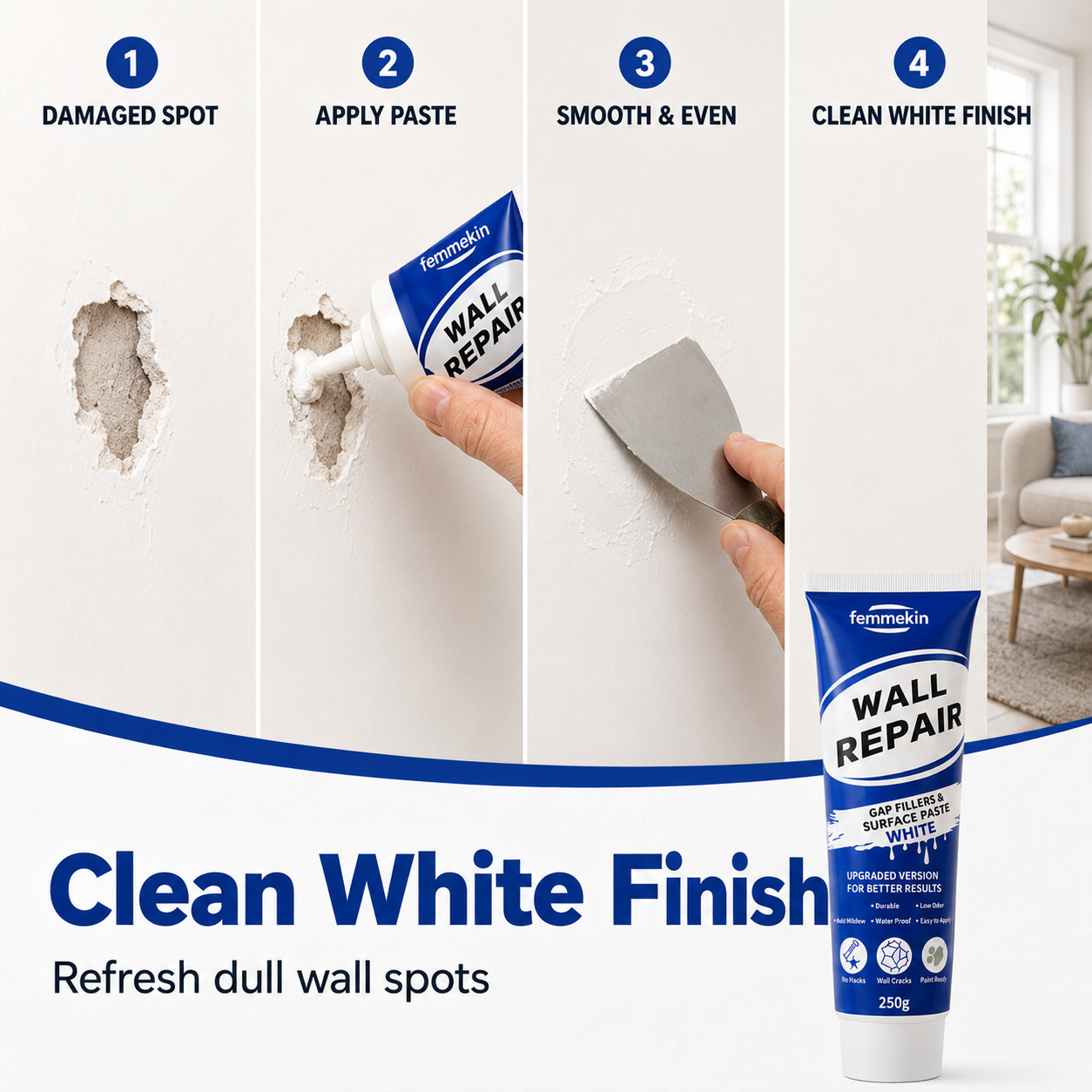 🏠🔧 Waterproof Wall Repair Paste – Fills cracks & chips fast, creates smooth white finish