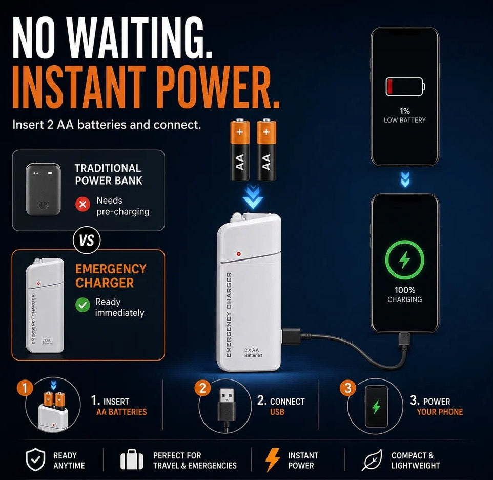 Portable Emergency Phone Charger AA Battery Powered Power Bank with LED Flashlight