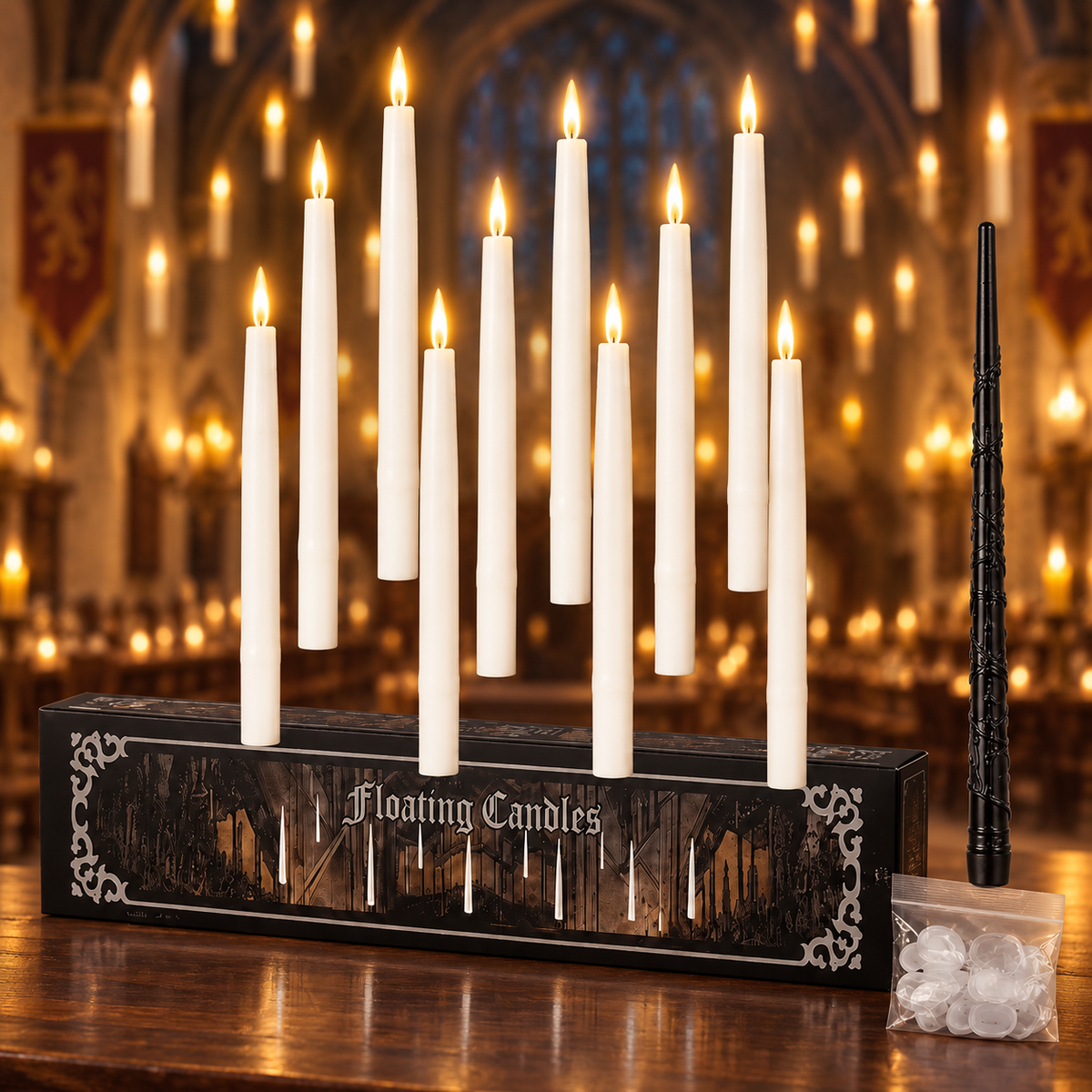 Magical Floating Candles with Wand - Flickering Taper Flameless Hanging Candles for Christmas, Halloween, Birthday Parties, Home Decor, and Gifts