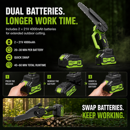 ⚡ 21V Cordless Mini Chainsaw – Dual Battery Garden Cutter🔋