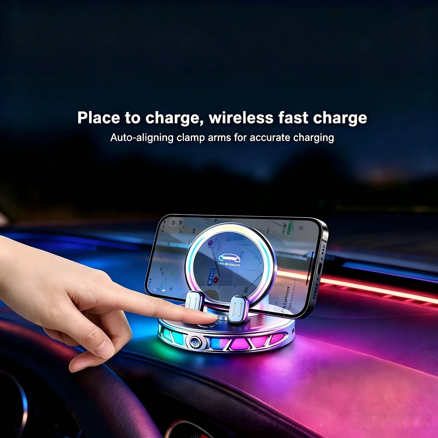 【DealsForYouDays】360° Rotating Wireless Charging Car Phone Mount with RGB Ambient Light — Ultra-Stable Suction, Auto-Lock, Fits Dashboard, Windshield, Compatible with iPhone and Android