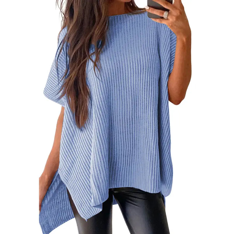 Shewin Women's Oversized Cotton Knit Sweater - Chic Soft New Year Knitwear, Casual Solid Pullover Top with Puff Short Sleeves, Round Neck, Side Slit for Work, Back-to-School,sohochic