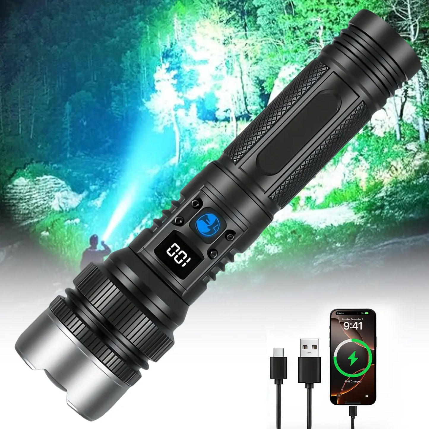 2-in-1 Rechargeable Flashlight & Power Bank (Zoomable, Waterproof)