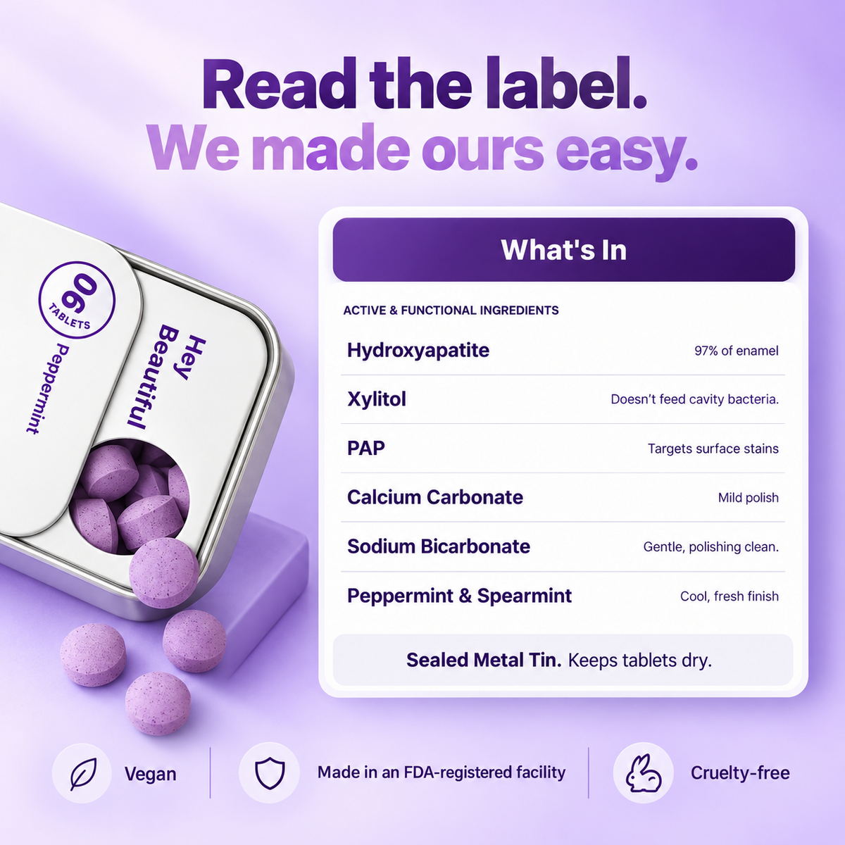 Purple Hydroxyapatite Toothpaste Tablets for Brightening & Oral Care
