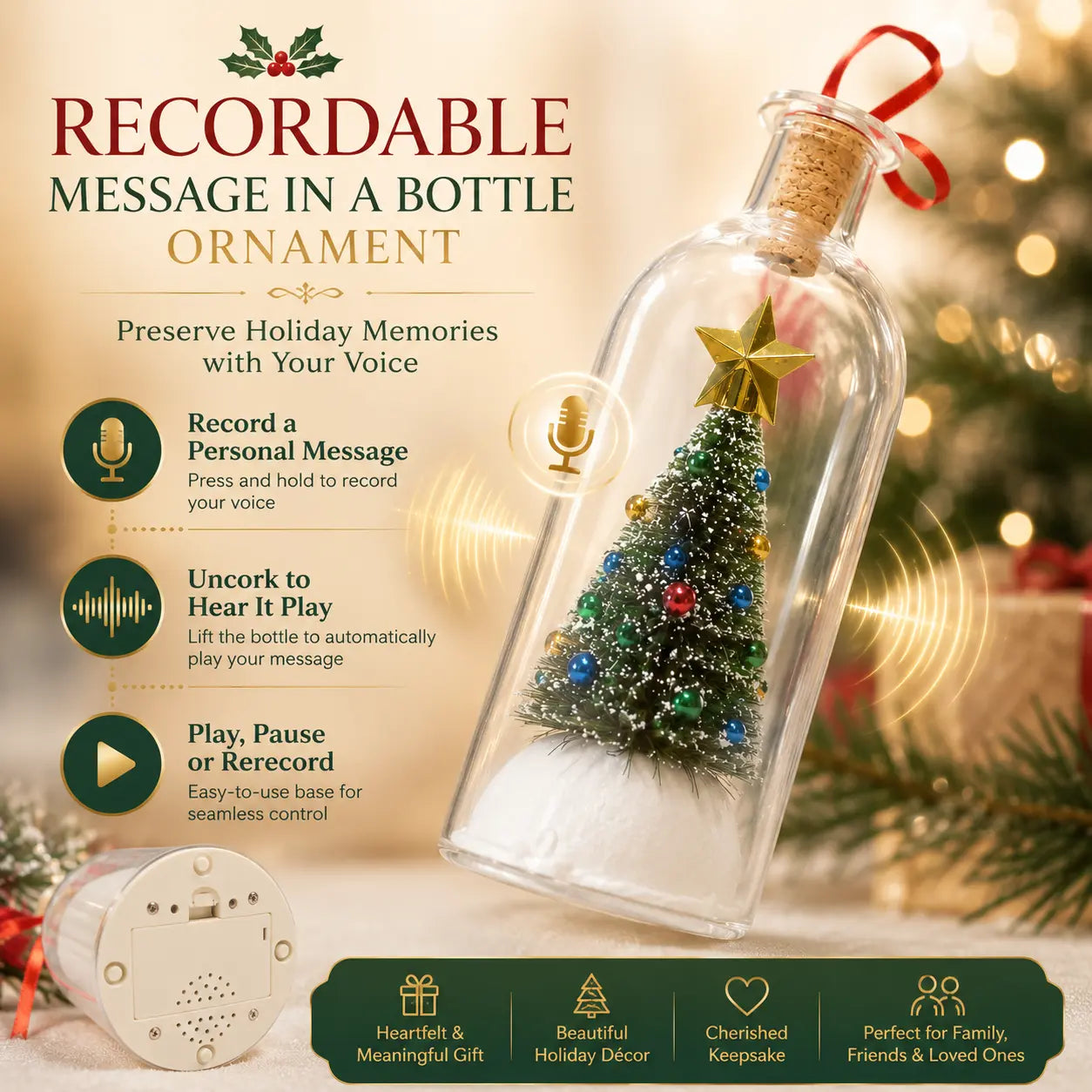 RUXACTY Recordable Christmas Message in a Bottle Ornament 8 Inch Voice Recording Holiday Keepsake with Playback Snowy Christmas Tree Scene Glass Bottle Decoration for Tree Home and Gift,back to school,back to school haul