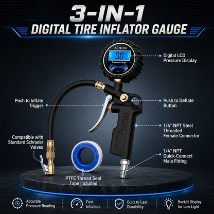 Digital Tire Pressure Gauge with Inflator – 250 PSI