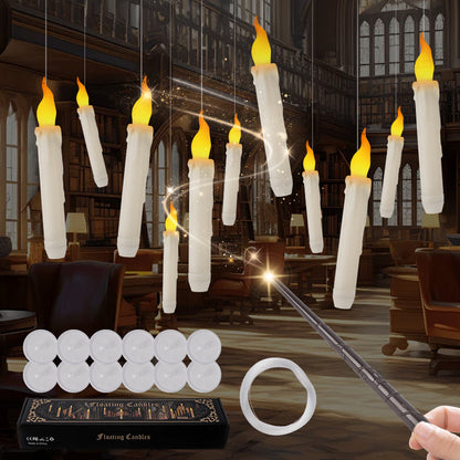 Magical Floating Candles with Wand - Flickering Taper Flameless Hanging Candles for Christmas, Halloween, Birthday Parties, Home Decor, and Gifts