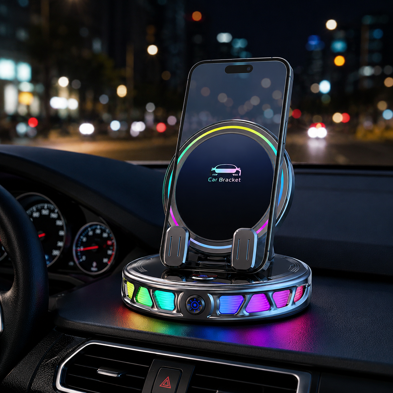 360° Rotating Wireless Charging Car Phone Mount with RGB Light
