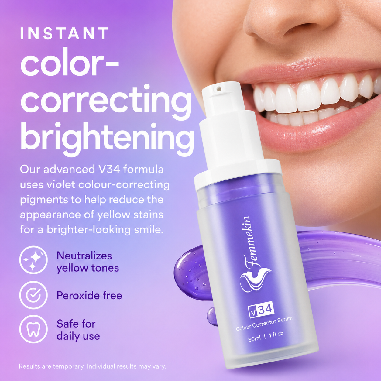 Purple Tooth Colour Corrector for Temporary Stain Concealing and Brightening