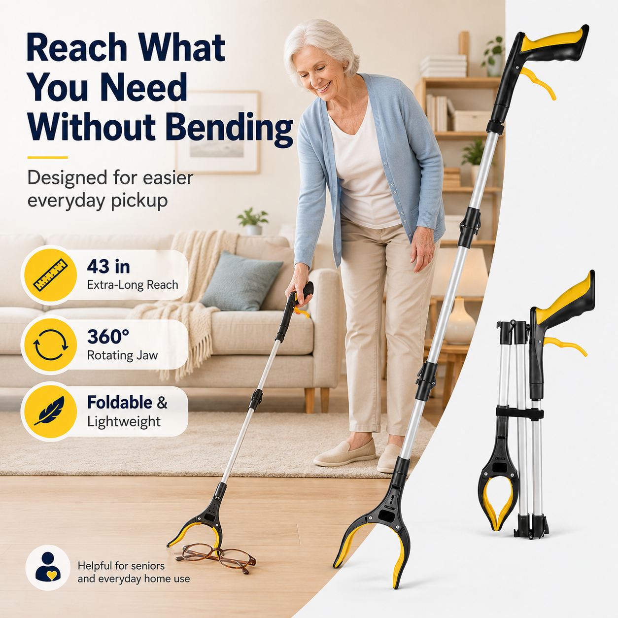 43" Extra Long Grabber Reacher Tool – Heavy Duty with 360° Rotating Jaw & Magnets