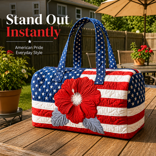 Patriotic Floral Flag Tote Bag | Quilted Travel Duffel
