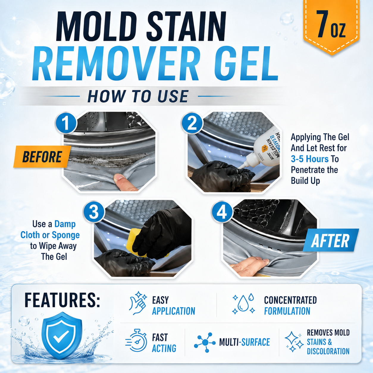 Mold and Stain Remover Gel for Washing Machine Seals and Bathroom