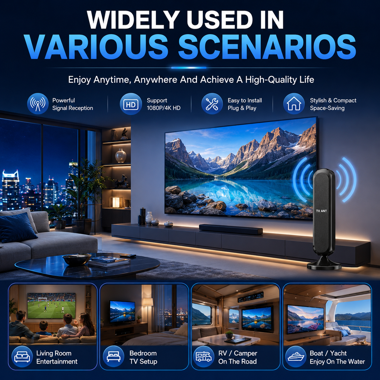 Long Range Amplified 4K Indoor TV Antenna