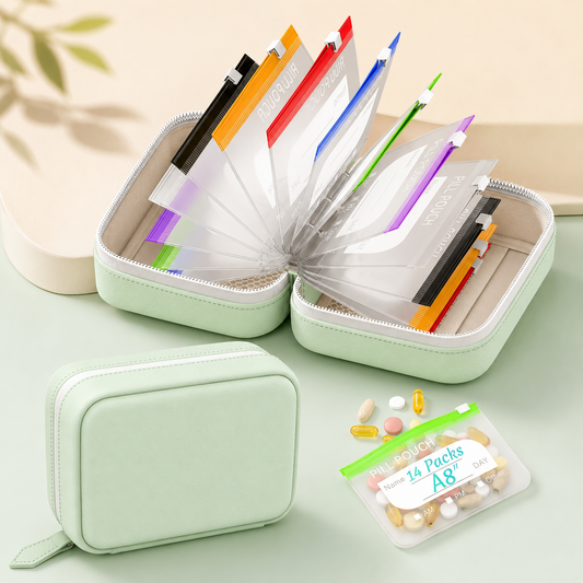 Waterproof Weekly Pill Pouch Organizer Set with 14 Color Coded Medicine Bags