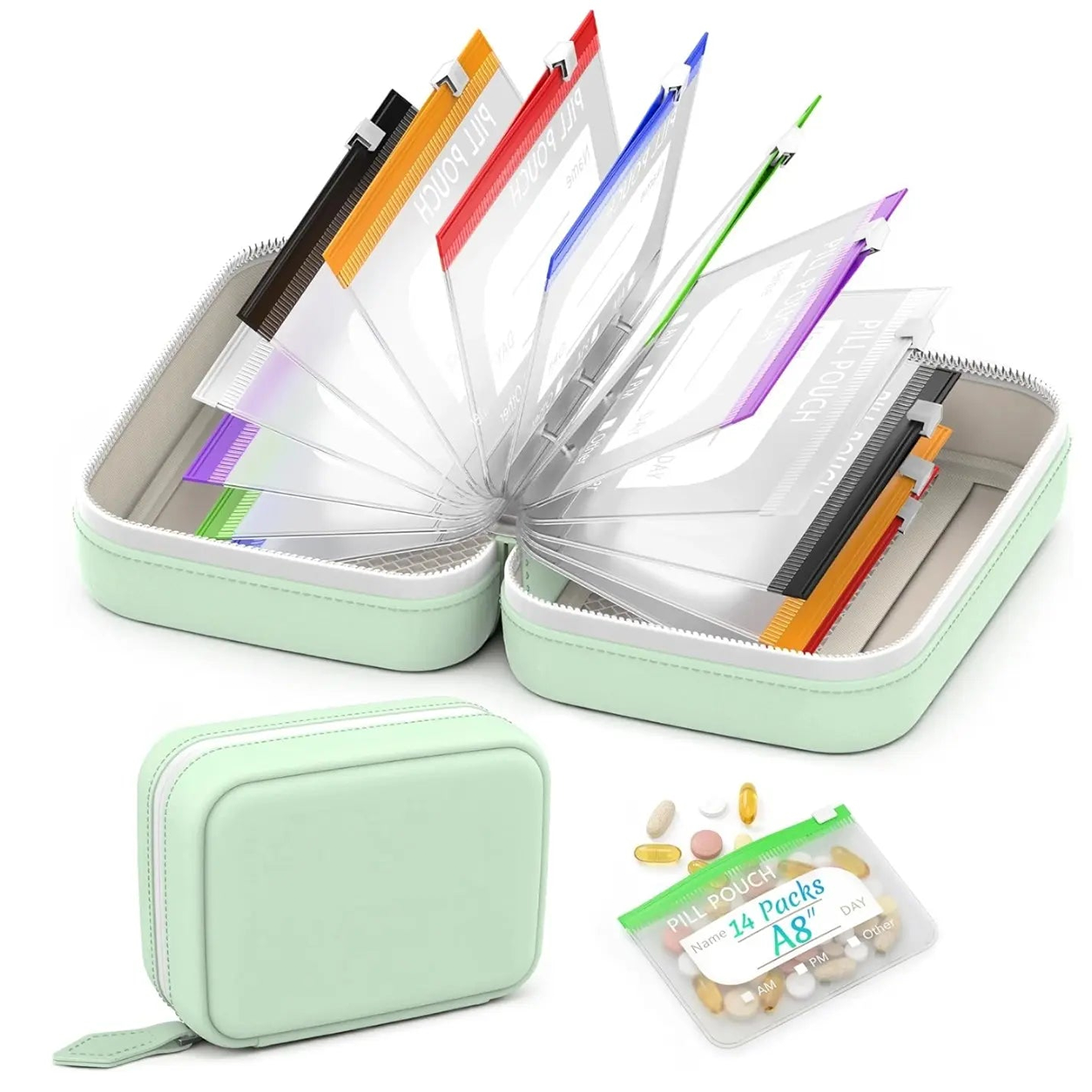 Waterproof Weekly Pill Pouch Organizer Set with 14 Color Coded Medicine Bags