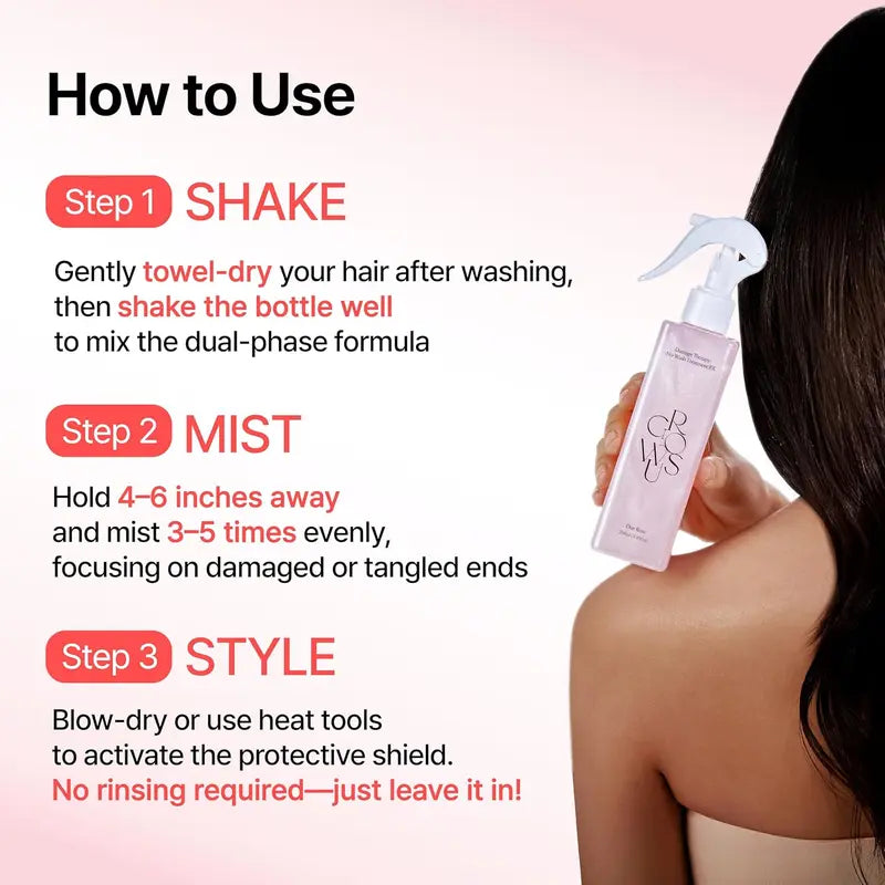 GROWUS Due Rose Damaged Hair Leave-In Treatment Spray 250ml - Haircare Beauty Products, Leave In Conditioner for Adults Wavy Dry Hair, Ceramide Keratin 7 Collagen, Anti-Frizz Glossy Shine, Rose Musk Perfume