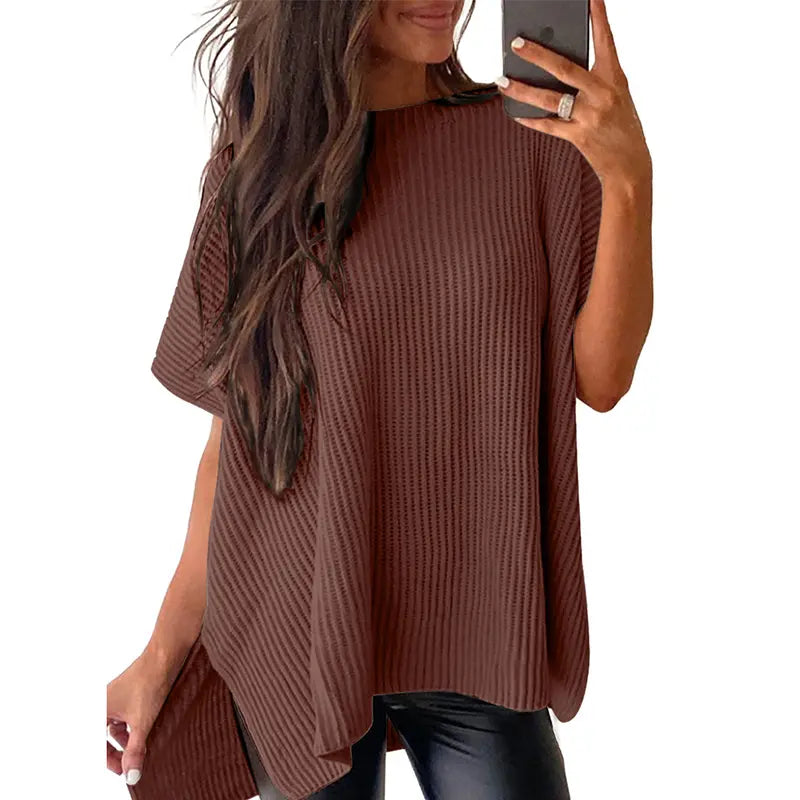 Shewin Women's Oversized Cotton Knit Sweater - Chic Soft New Year Knitwear, Casual Solid Pullover Top with Puff Short Sleeves, Round Neck, Side Slit for Work, Back-to-School,sohochic