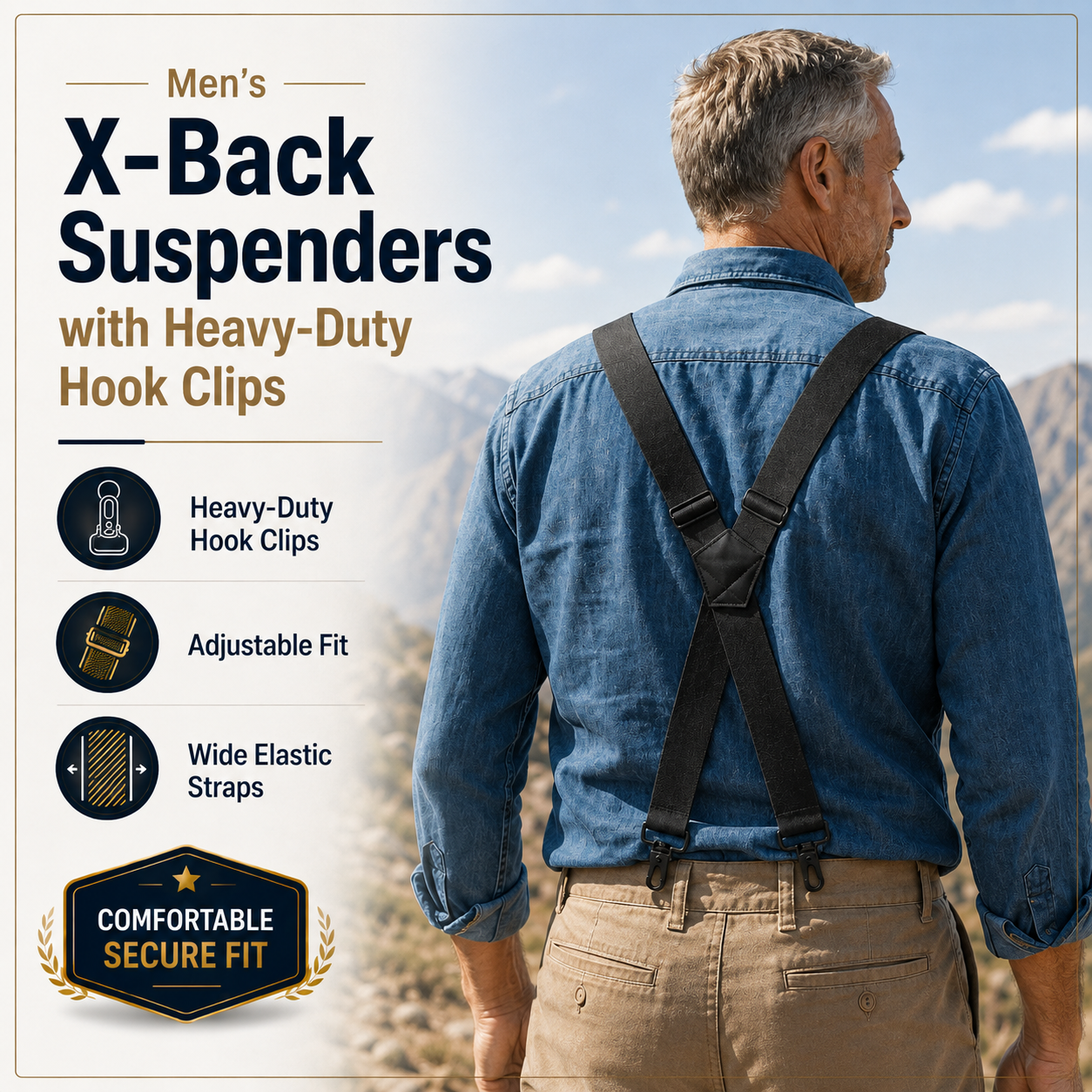 Men's X-Back Suspenders with Heavy-Duty Hook Clips – Wide, Adjustable & Durable for Work & Casual