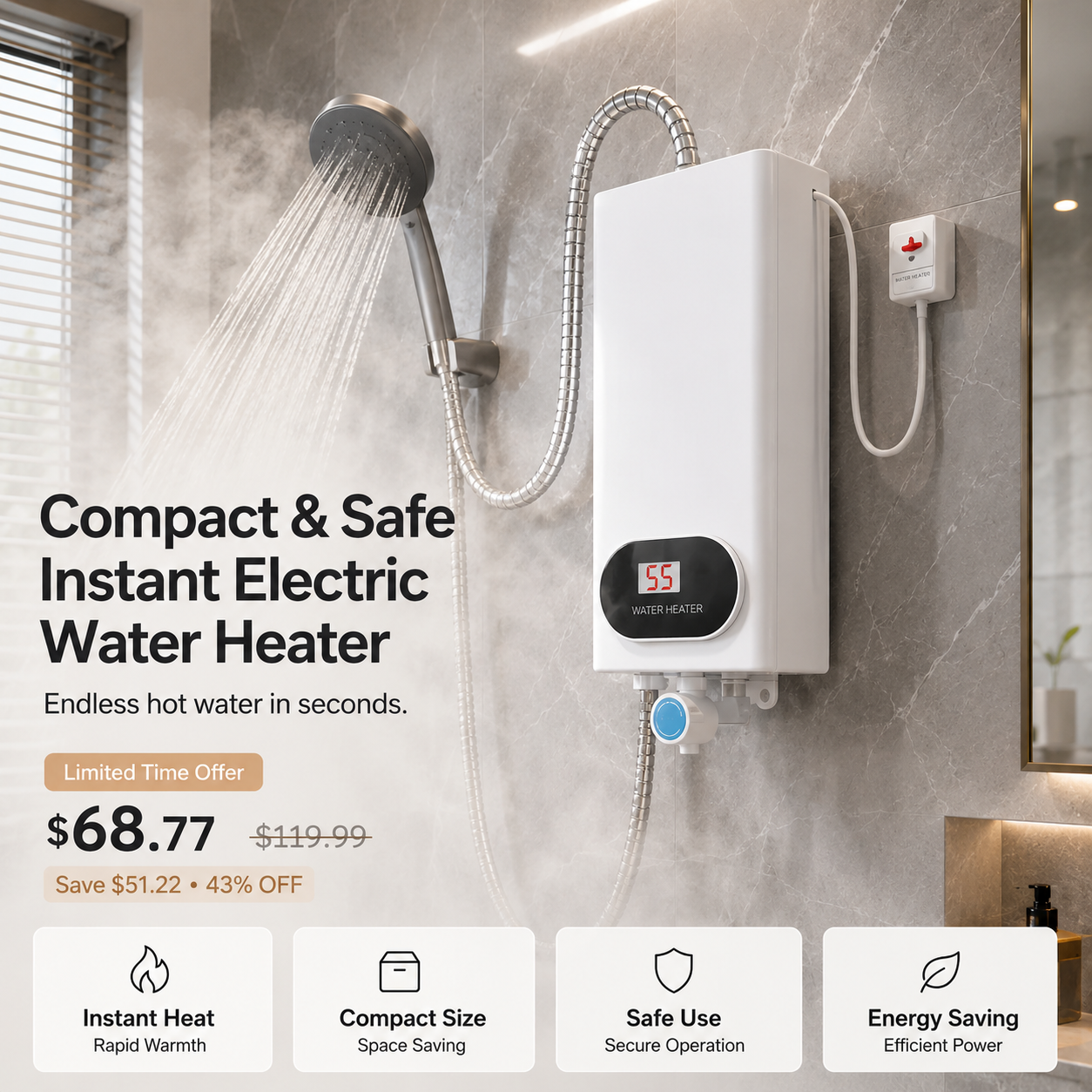 Compact & Safe Instant Electric Water Heater