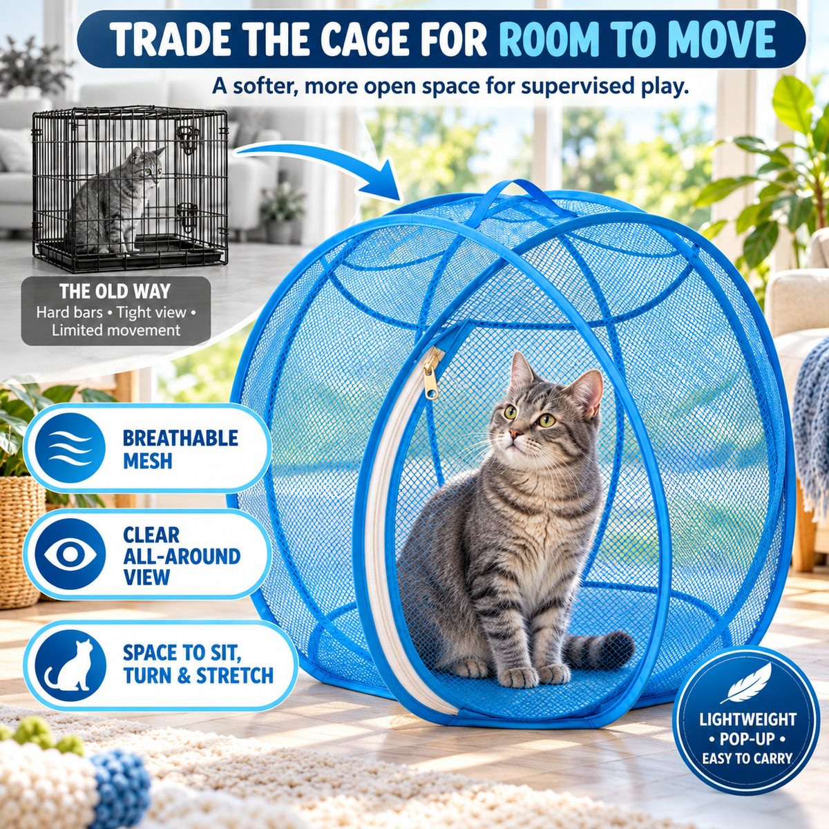 🐱 Pop Up Cat Playpen | 28-Inch Breathable Mesh Enclosure for Indoor & Outdoor Use 🌿