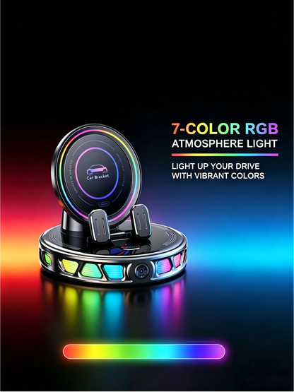 【DealsForYouDays】360° Rotating Wireless Charging Car Phone Mount with RGB Ambient Light — Ultra-Stable Suction, Auto-Lock, Fits Dashboard, Windshield, Compatible with iPhone and Android