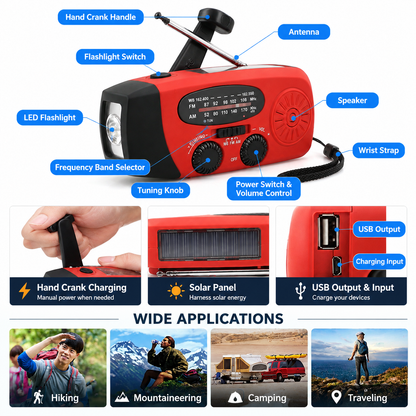 🔋 Multifunctional Solar Emergency Radio – Hand Crank, Power Bank & Weather Alerts