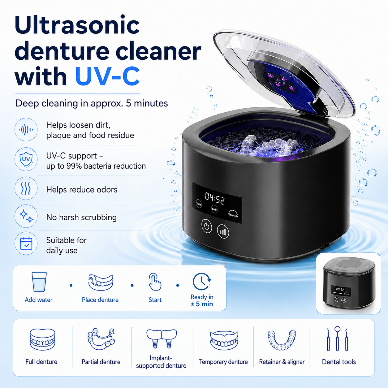 ❄️Summer Special: 50% Off! 🦷Denture Dome Ultrasonic & UV-C Cleaner—Fresher, cleaner dentures in just 5 minutes.