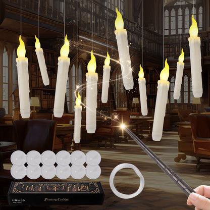 Magical Floating Candles with Wand - Flickering Taper Flameless Hanging Candles for Christmas, Halloween, Birthday Parties, Home Decor, and Gifts