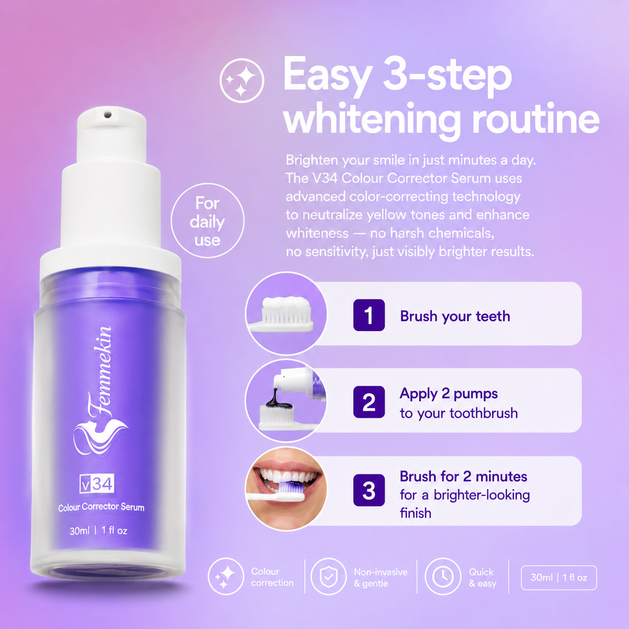 Purple Tooth Colour Corrector for Temporary Stain Concealing and Brightening