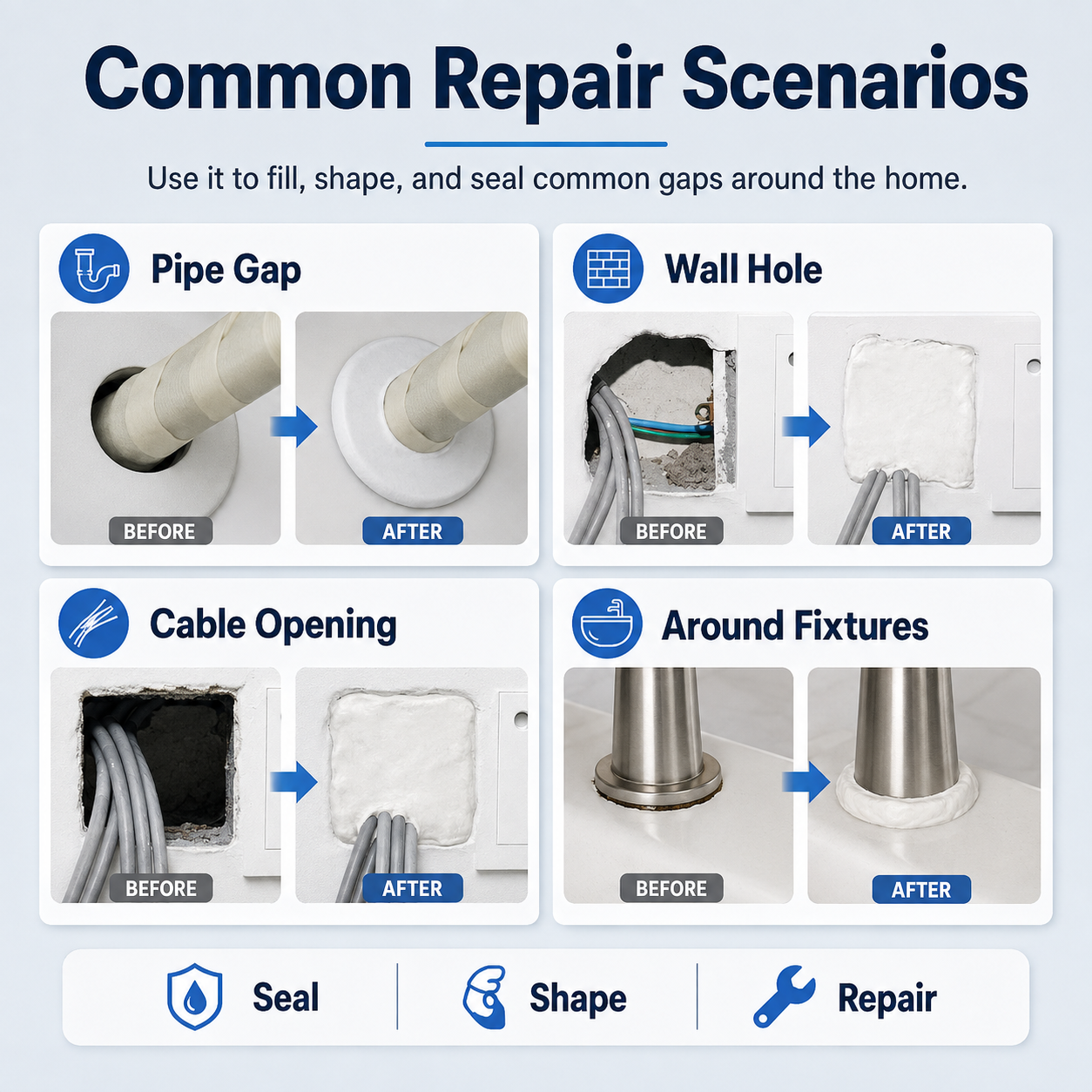 Seal wall holes pipe gaps cable openings and fixture gaps