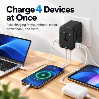 Global Travel Charger (65W, 4-Port, GaN, Integrated Plug)