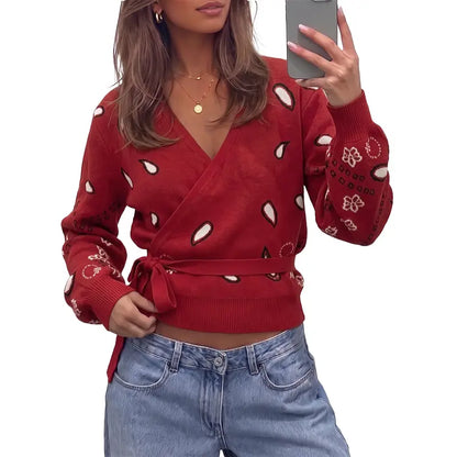 Fisoew Womens V Neck Wrap Cardigan Sweaters Casual Tie Belted Long Lantern Sleeve Slim Fit Knit Crop Pullover Tops SohoChic