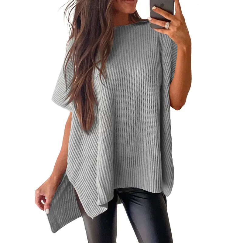Shewin Women's Oversized Cotton Knit Sweater - Chic Soft New Year Knitwear, Casual Solid Pullover Top with Puff Short Sleeves, Round Neck, Side Slit for Work, Back-to-School,sohochic
