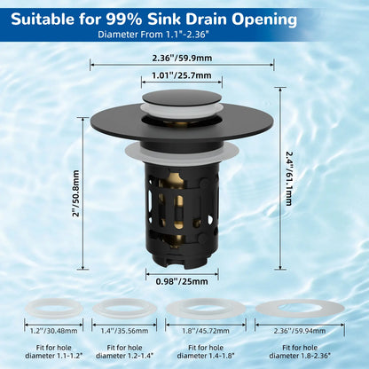 Hibbent 3 in 1 Bathroom Sink Drain Strainer - Matte Black