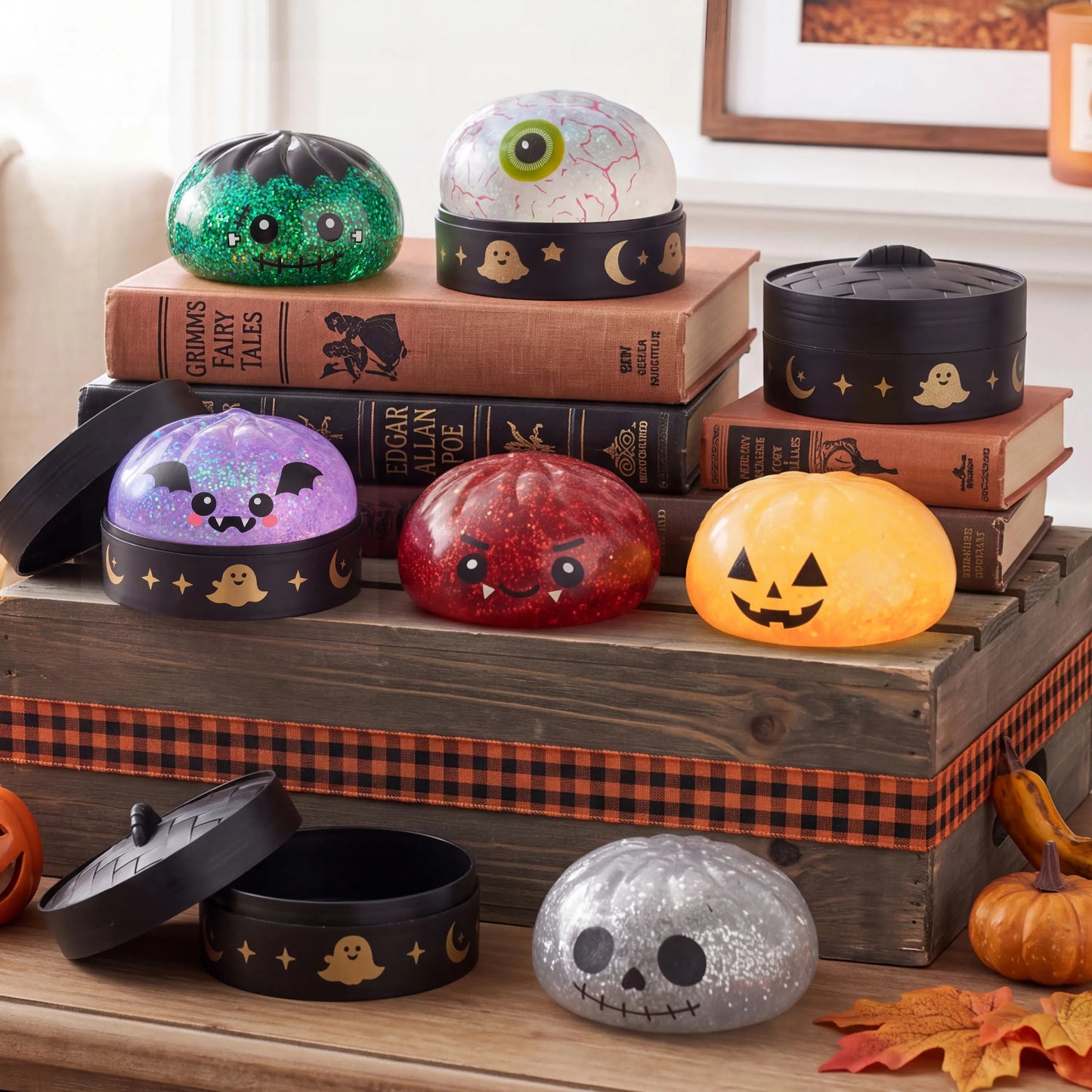 Halloween Dumpling Stress Relief Toys, 1pcs/3pcs/6pcs with Steamer Storage Boxes,Slow‑rebound maltose squishy toys, ideal for Halloween party gifts, featuring grimace pumpkin and little devil designs