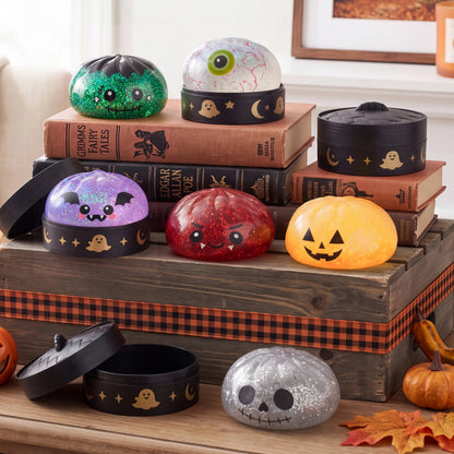 Halloween Dumpling Stress Relief Toys, 1pcs/3pcs/6pcs with Steamer Storage Boxes,Slow‑rebound maltose squishy toys, ideal for Halloween party gifts, featuring grimace pumpkin and little devil designs